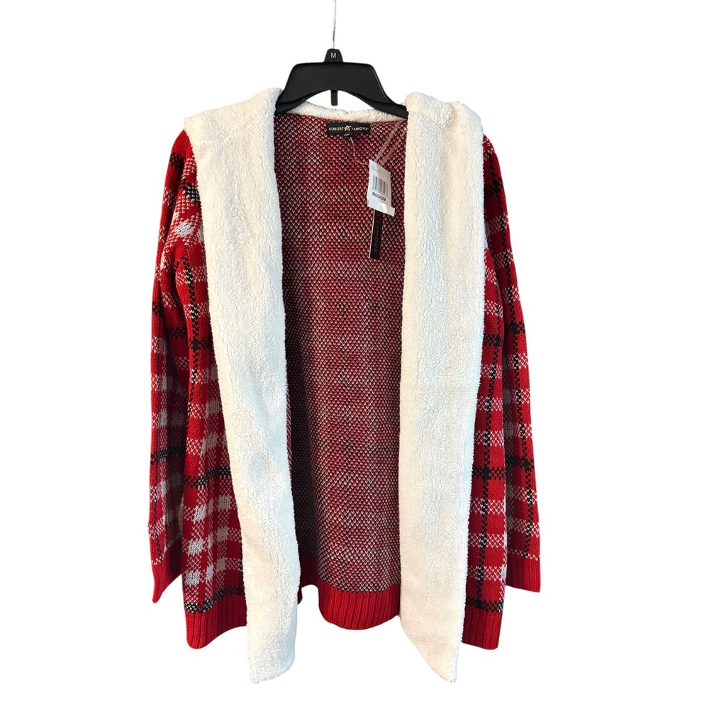 Almost Famous Red Plaid Hooded Cardigan Faux Shearling Lined Sweater Medium